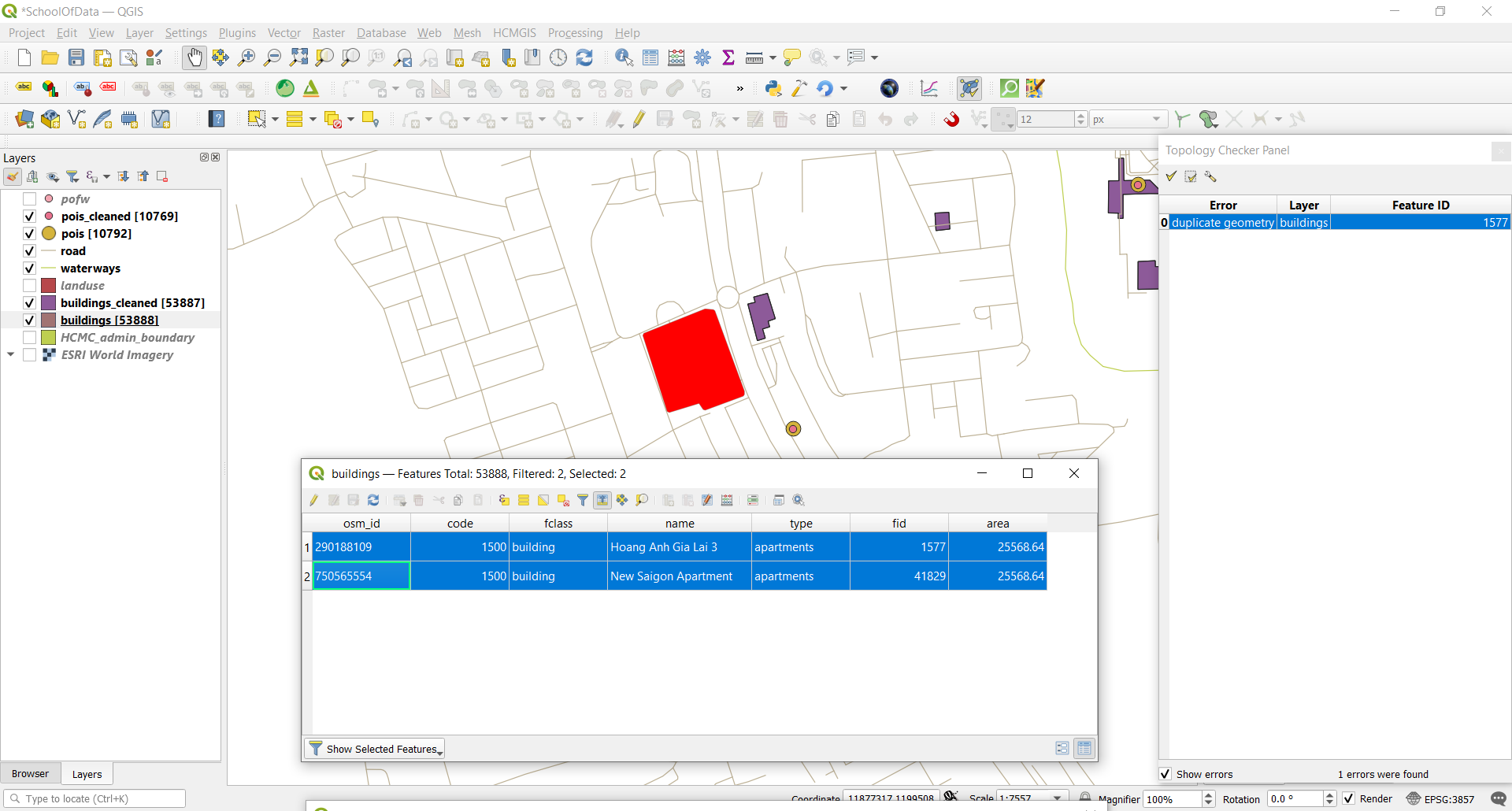 Kết quả topology check của lớp buildings