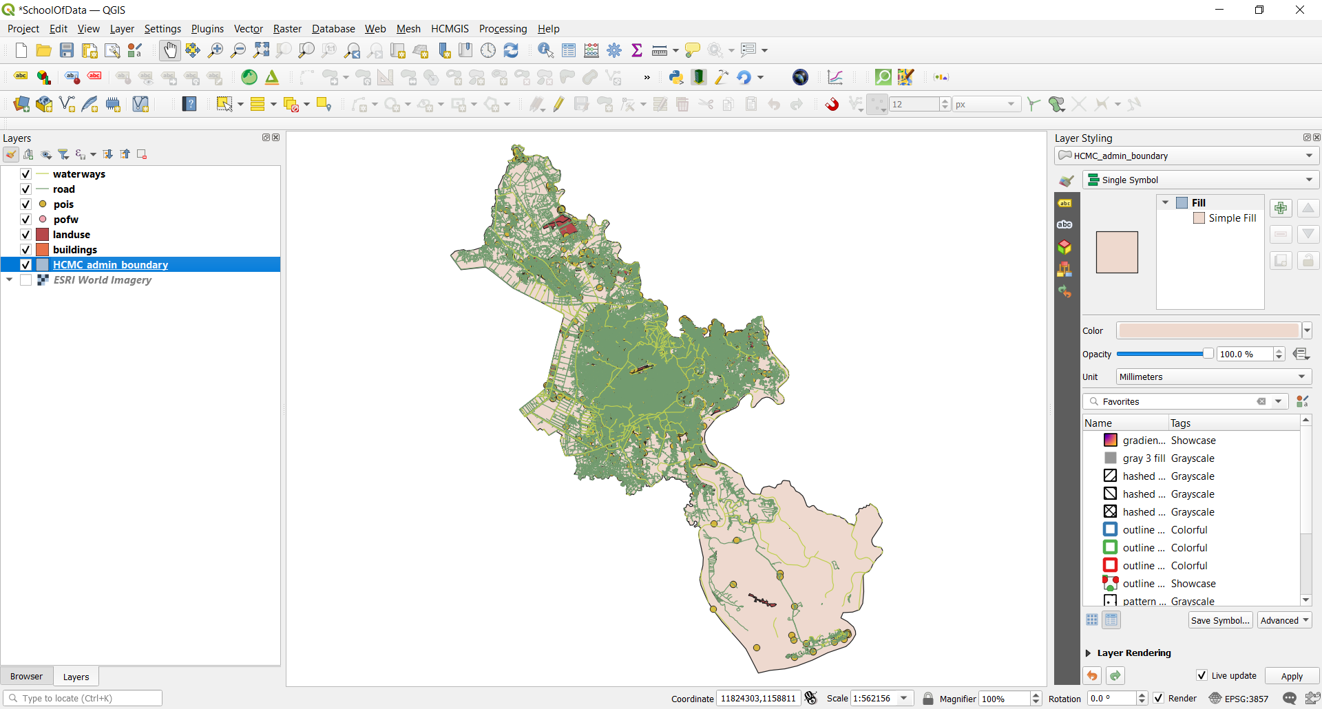 Các lớp dữ liệu vector được tải: points, lines và polygons