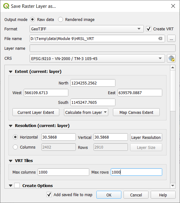 Tạo một VRT file với các raster tile cụ thể